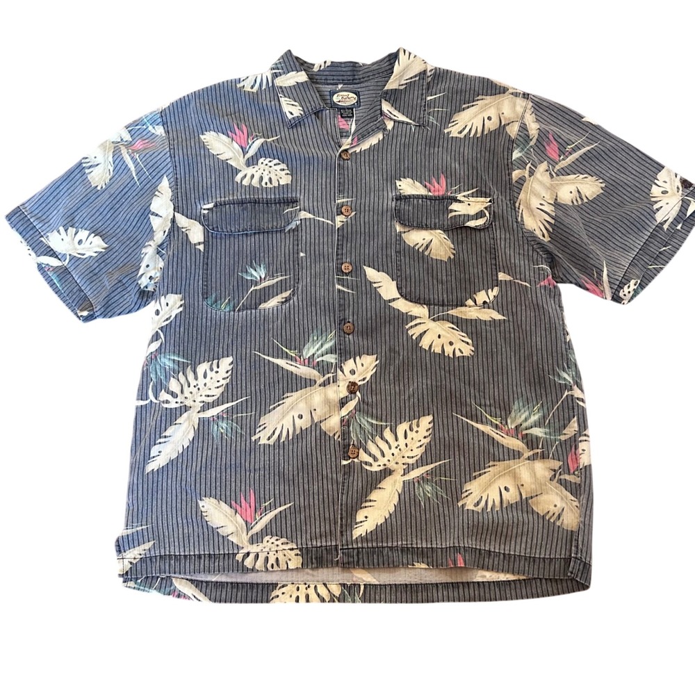 Vtg Tommy Bahama Button Down Shirt Mens Blue Tropical Bird of Paradise Large